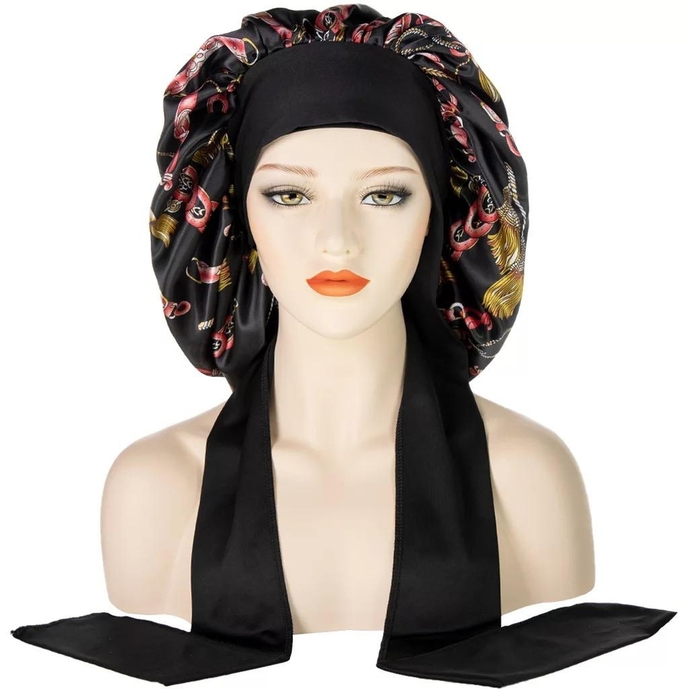 Satin Scarf Bonnet with Long Tie - Black with Gold & Red Print